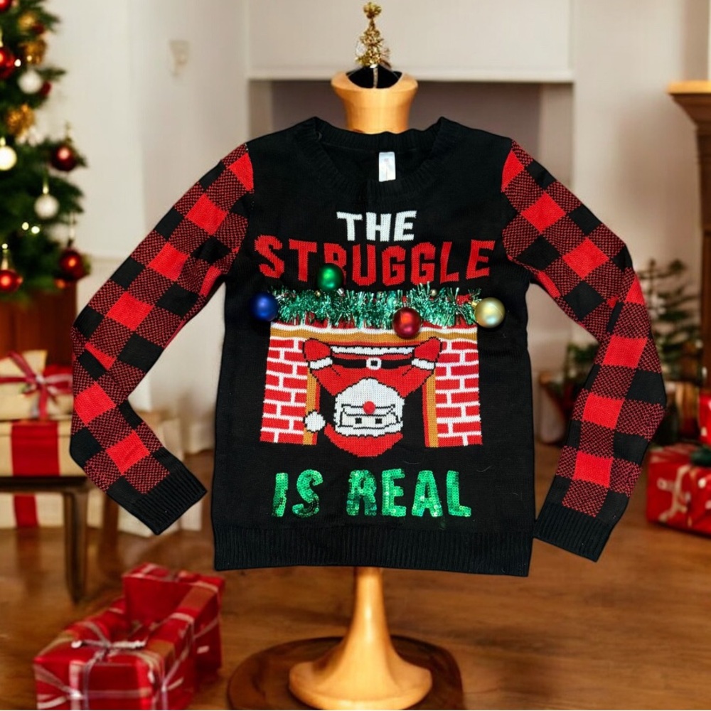 Santa The Struggle is Real Ugly Christmas Sweater Fireplace Plaid M (7-9) Bells
